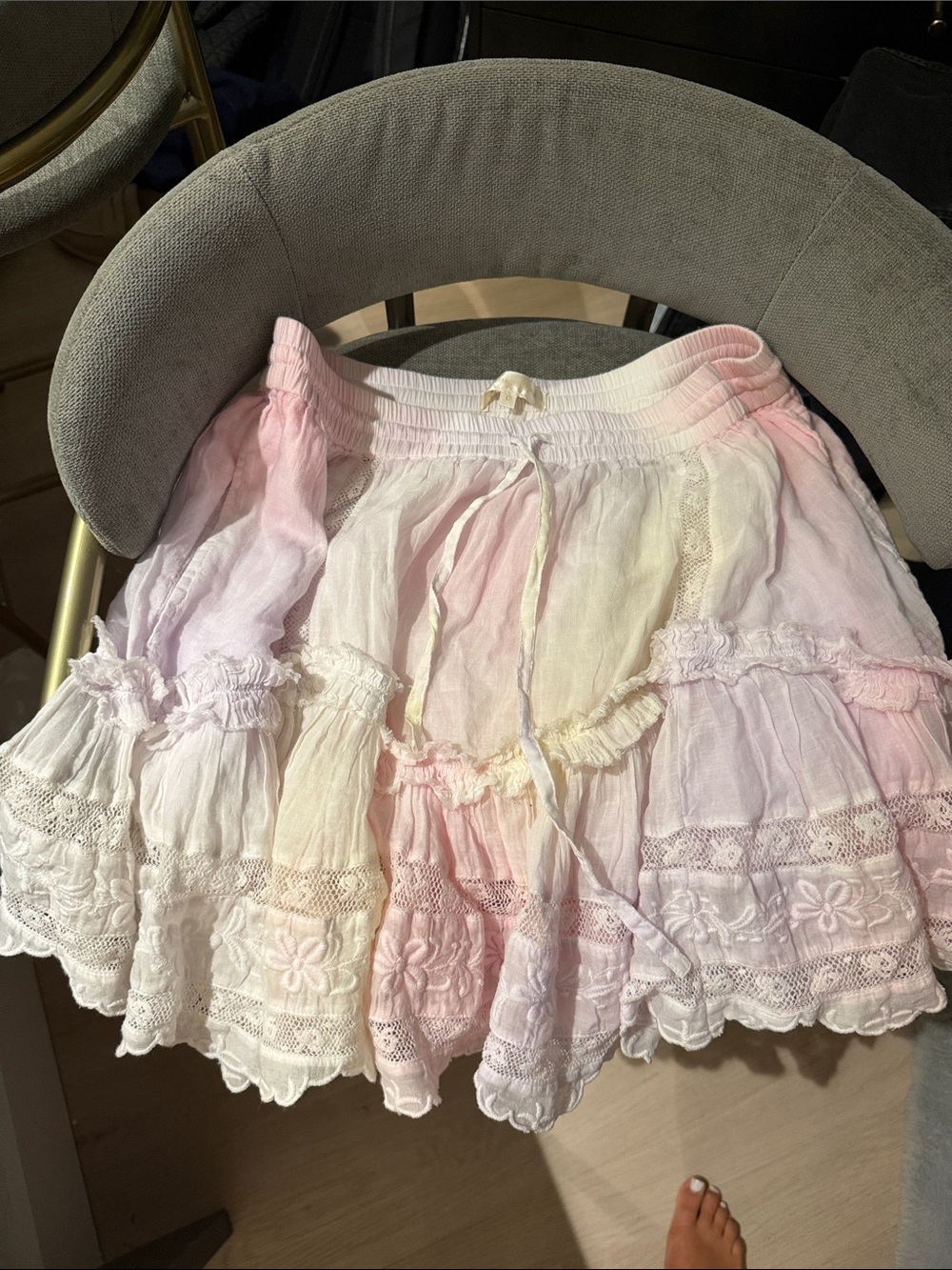 LoveShackFancy Pastel Pink and White Tiered Lace Skirt
